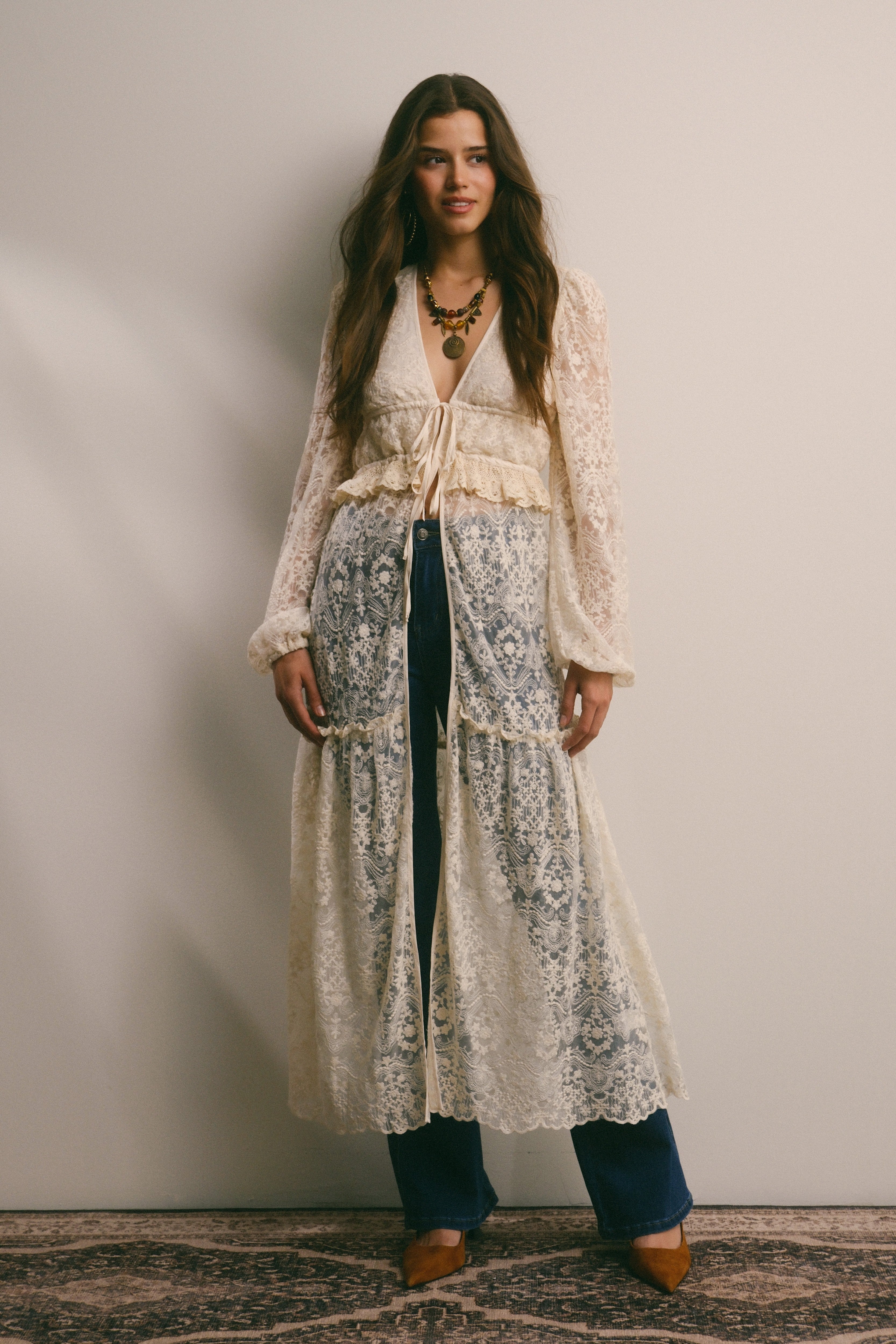 Flowy Lace Tie Front Cover Up Ecru