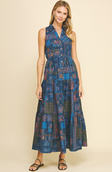 Ethnic Print Tiered Collared Maxi Dress Blue Multi