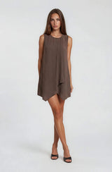 Round Neck Pleat Detail Shift Mini Dress Chocolate
