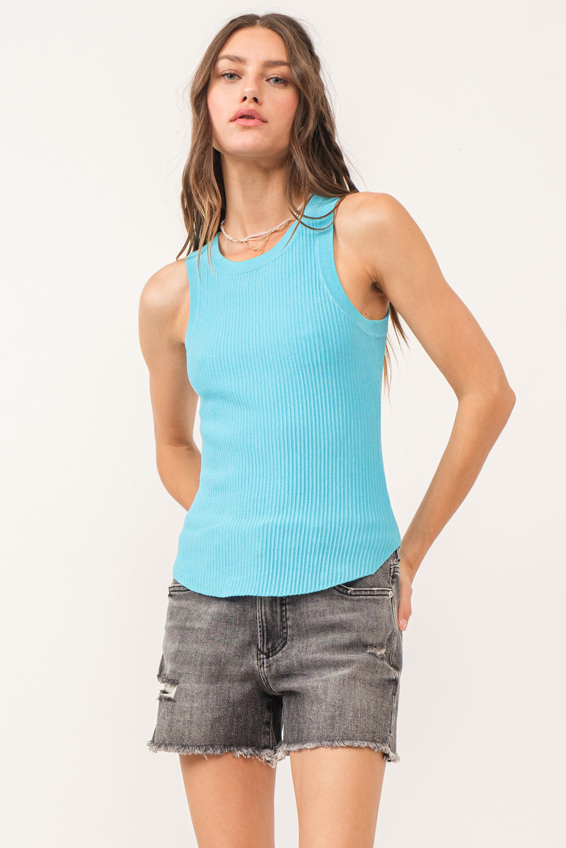 Cora High Neck Ribbed Tank Cerulean