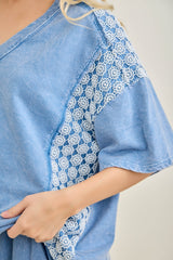 Mineral Washed Flower Daisy Trim Vneck Top Denim Blue