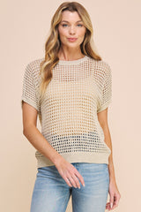 Open Weave Foil Knit Crochet Short Sleeve Cream Gold