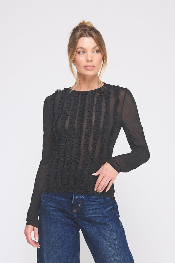 Crinkled Silky Sheer Long Sleeve Black