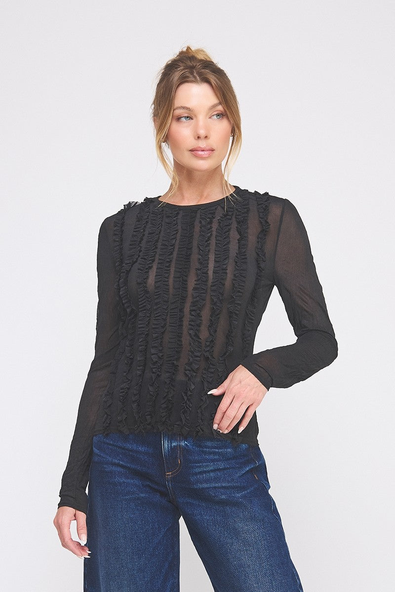 Crinkled Silky Sheer Long Sleeve Black
