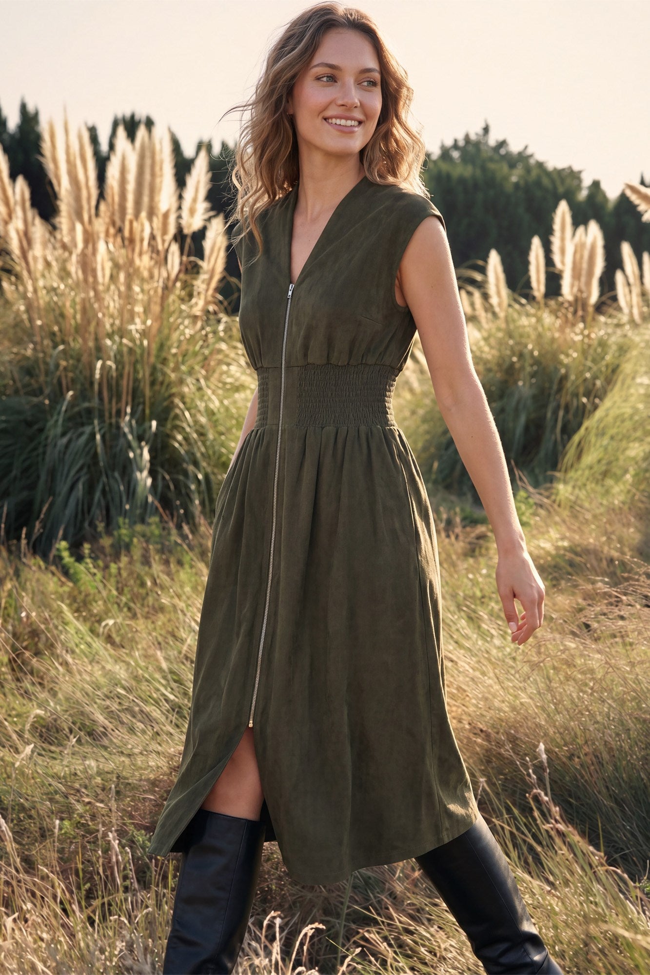 Suede Twill Smocked Waist Zipper Midi Dress Olive