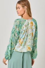 Mix Border Print Surplice Top Green Mix