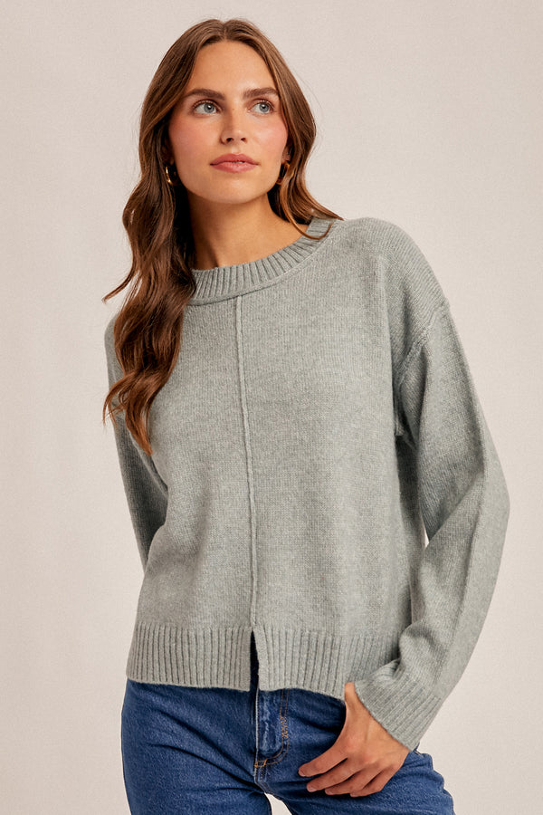 Front Bottom Slit Crew Neck Sweater Top Blue