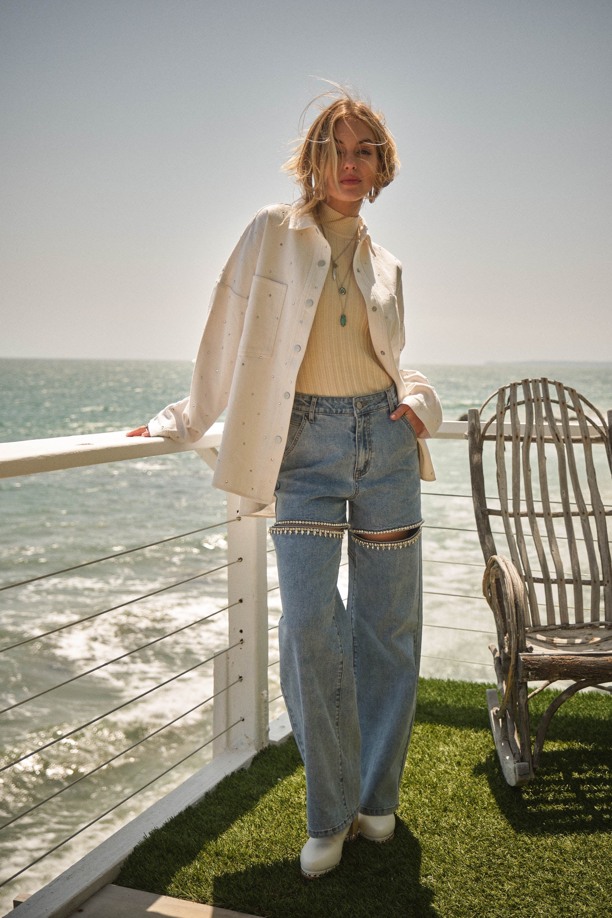 Cut Front Crystal Washed Denim Jeans Light Wash