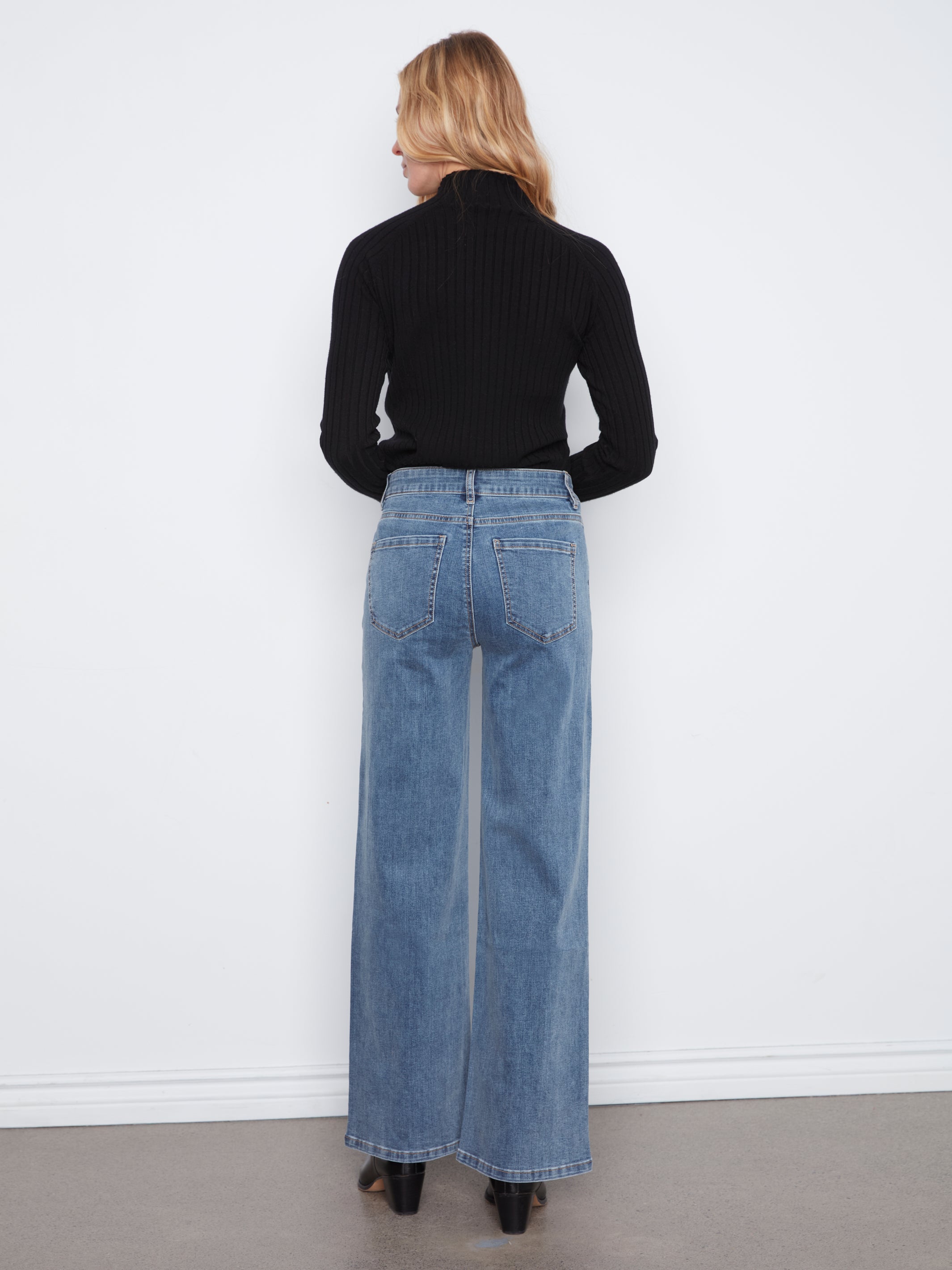 Rhinestone Wide Leg Stretch Jeans Medium Blue
