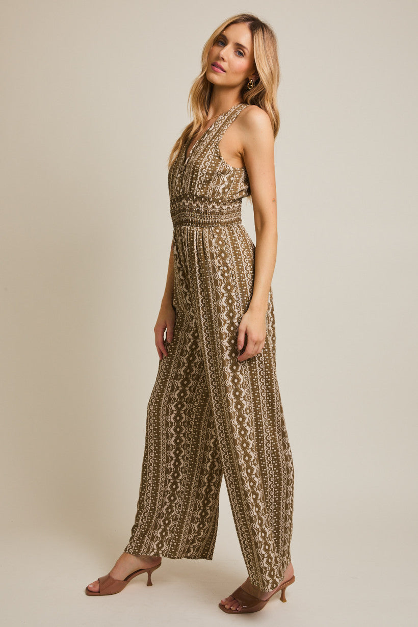 Aztec Sleeveless Smocked Waist Jumpsuit Olive Cream Stripe