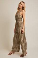 Aztec Sleeveless Smocked Waist Jumpsuit Olive Cream Stripe