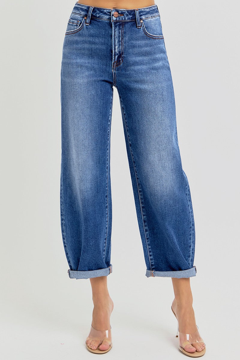 High Rise Crop Mild Barrel Leg Jeans Dark
