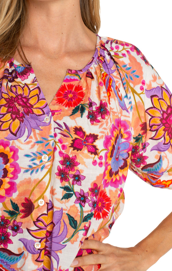 Printed Short Sleeve Shirred Blouse Floral Paradise Multi