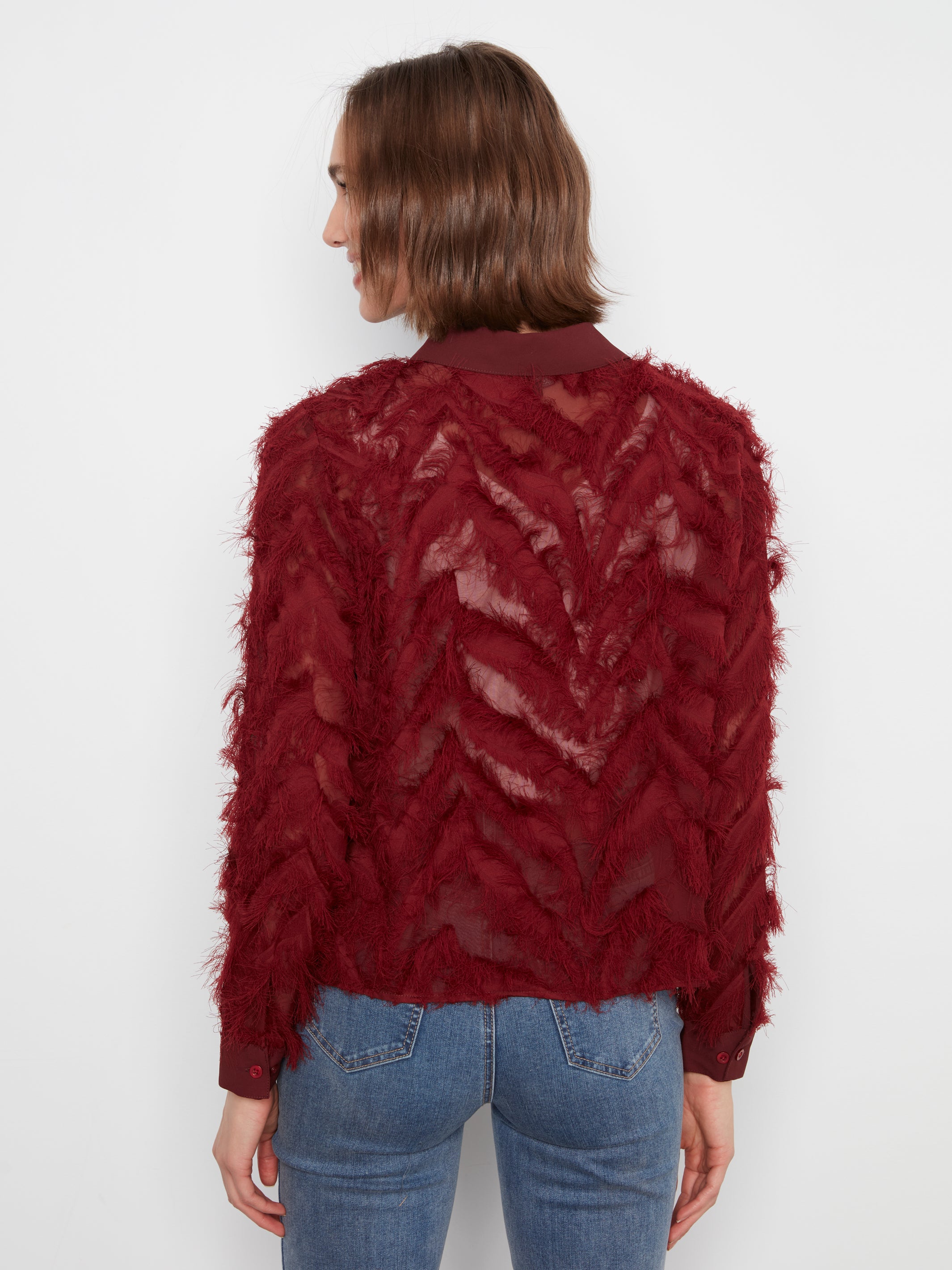 Fringe Chiffon Button Front Blouse Merlot
