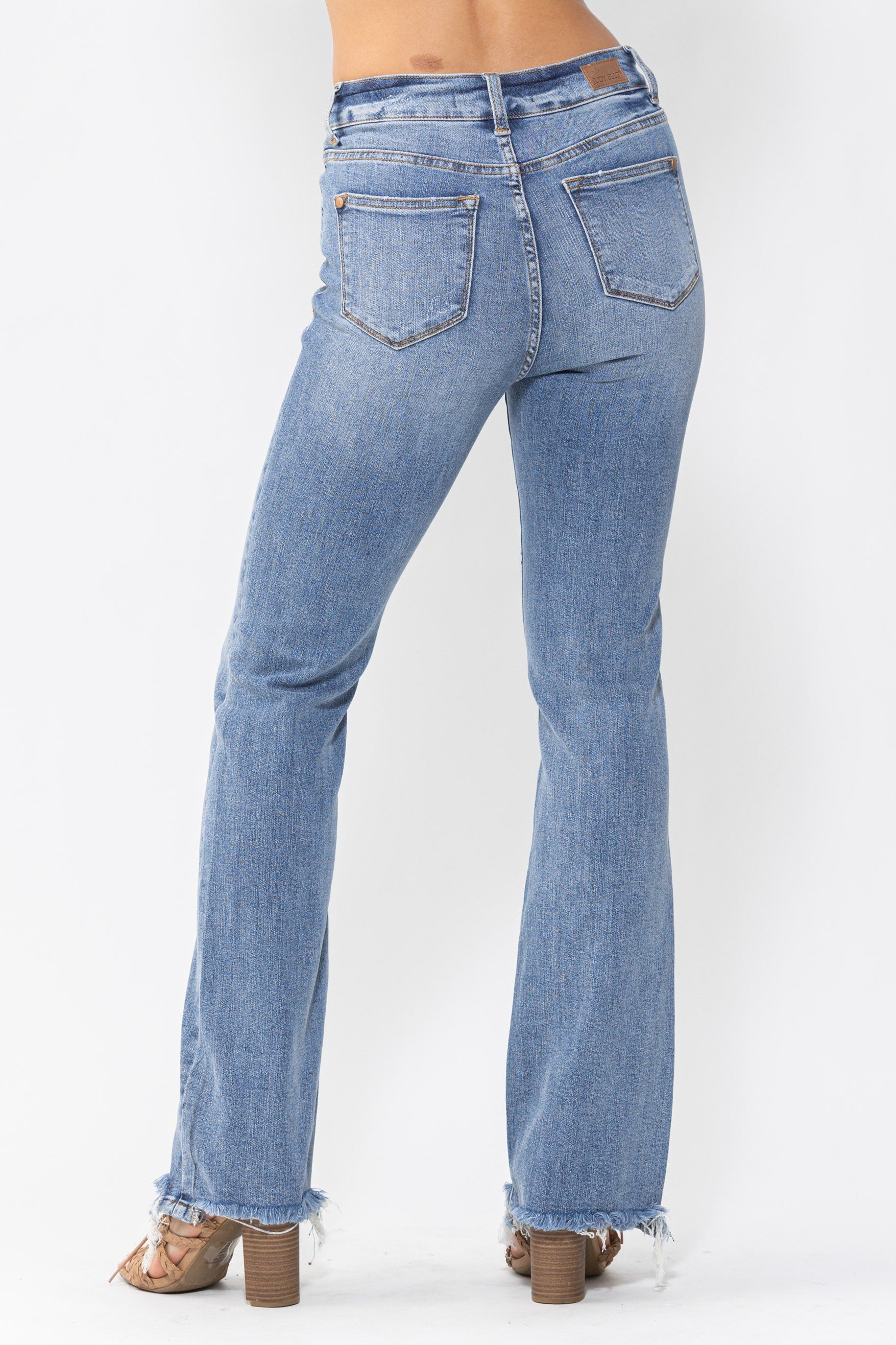 High Waist Double Button Fray Hem Bootcut Jeans Medium