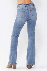 High Waist Double Button Fray Hem Bootcut Jeans Medium