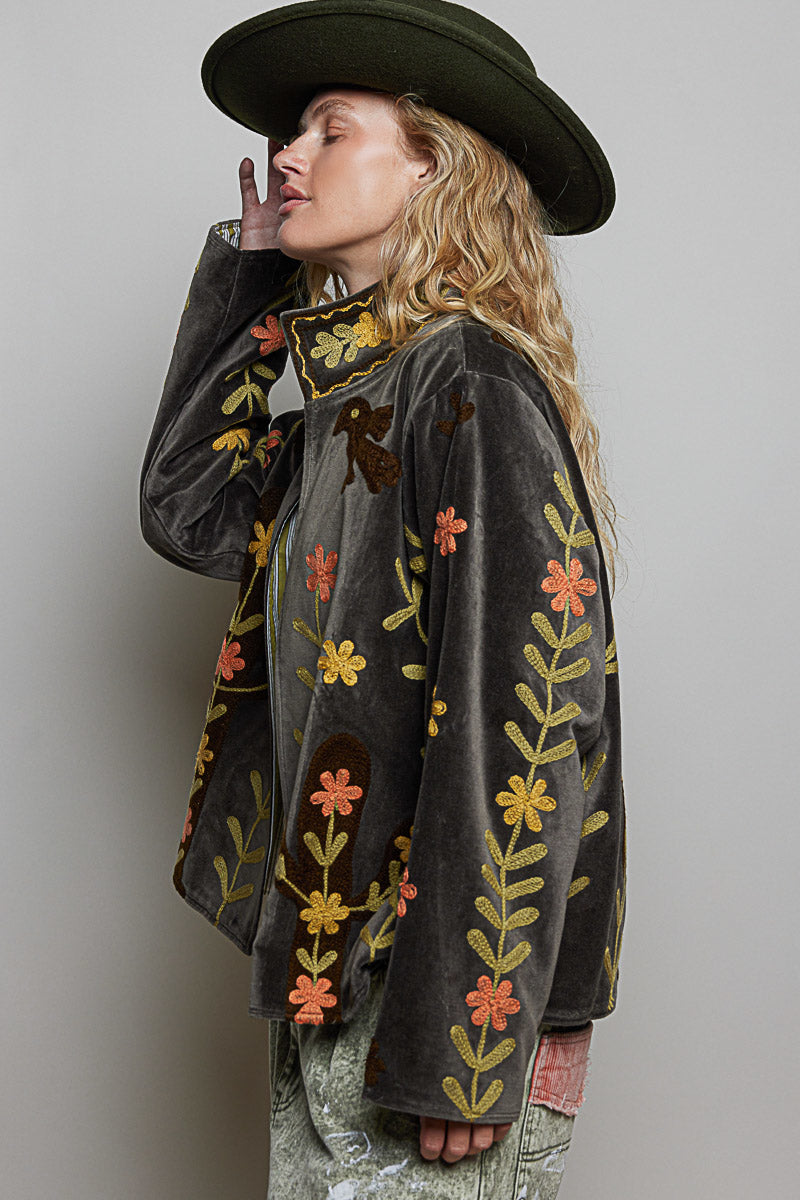 Embroidered Cactus Floral Velvet Jacket Charcoal