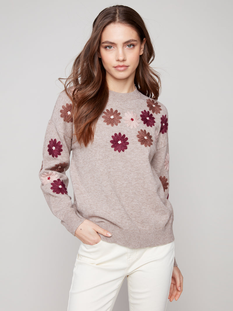 Floral Embroidery Crew Neck Sweater Heather Taupe