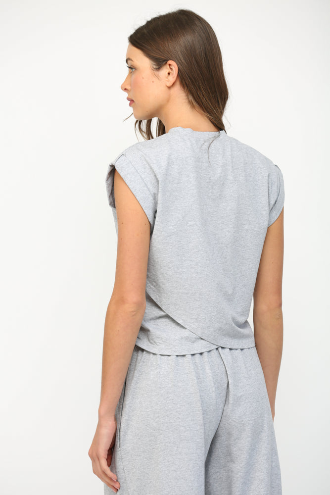 Overlap Hemline Detail Cuffed Cap Sleeve Top Heather Grey