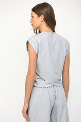 Overlap Hemline Detail Cuffed Cap Sleeve Top Heather Grey