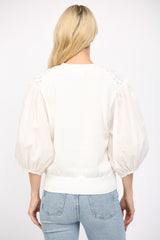 Mixed Media Round Neck Sweater Off White