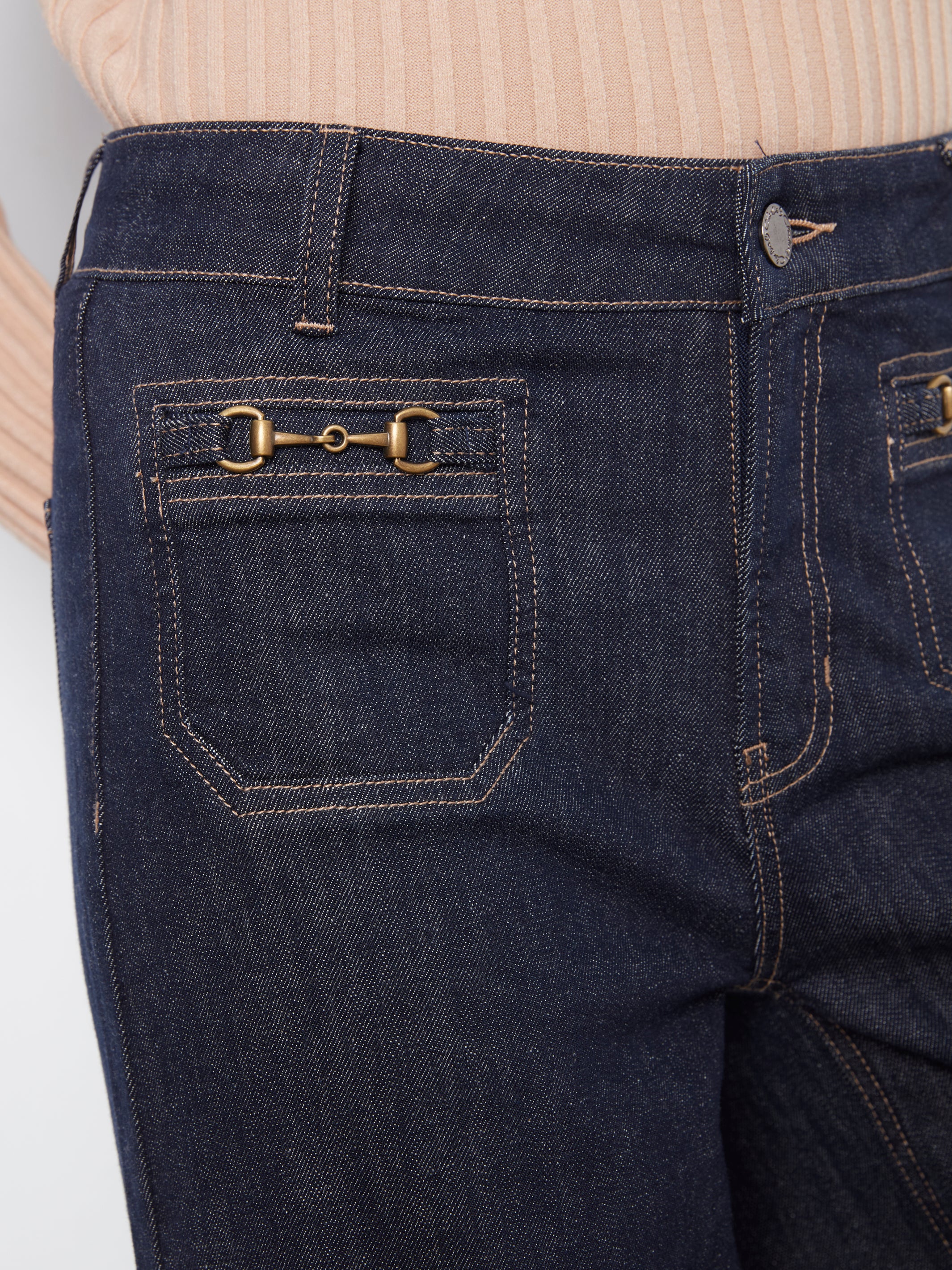 Horsebit Patch Pocket Wide Leg Jeans Deep Blue