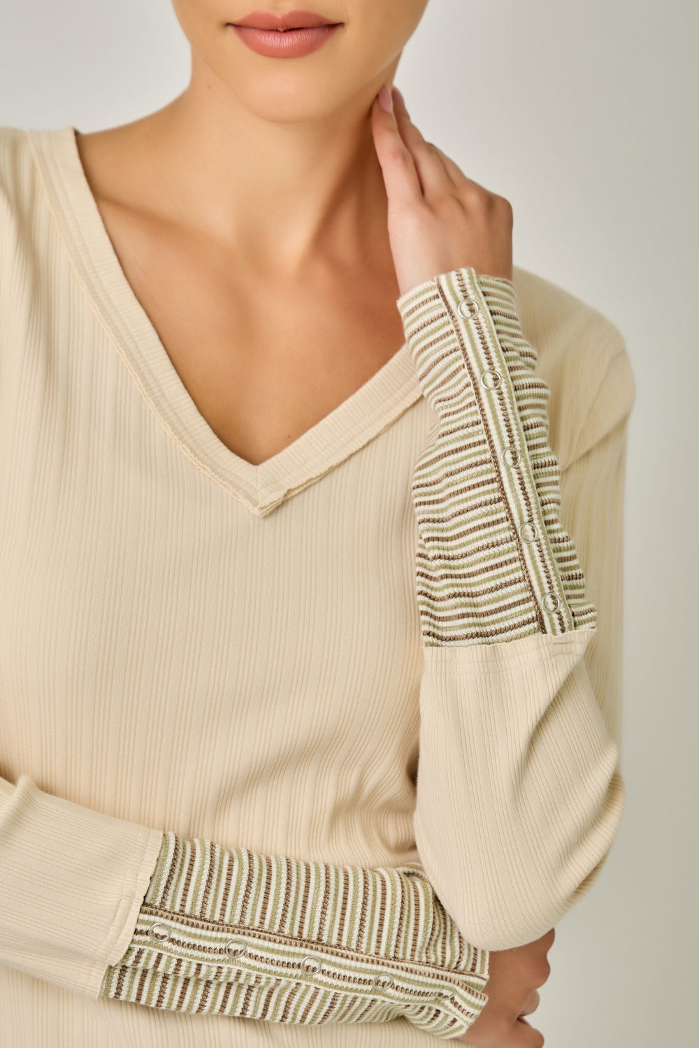 Varigated Rib Washed Pinstripe Cuff Top Cream