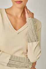 Varigated Rib Washed Pinstripe Cuff Top Cream