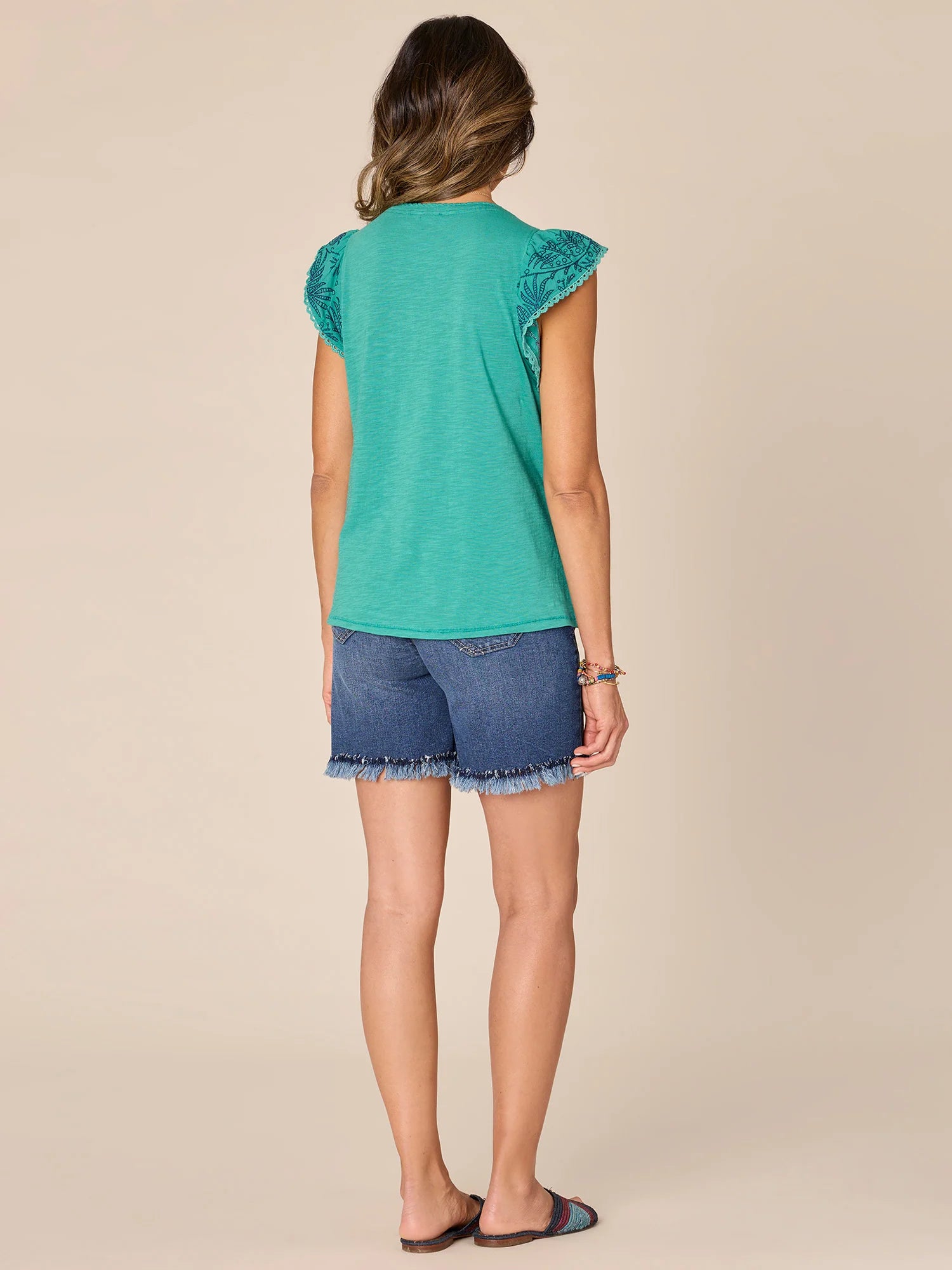 Emb. Flutter Sleev Sweetheart Knit Top Emerald, Teal & Navy