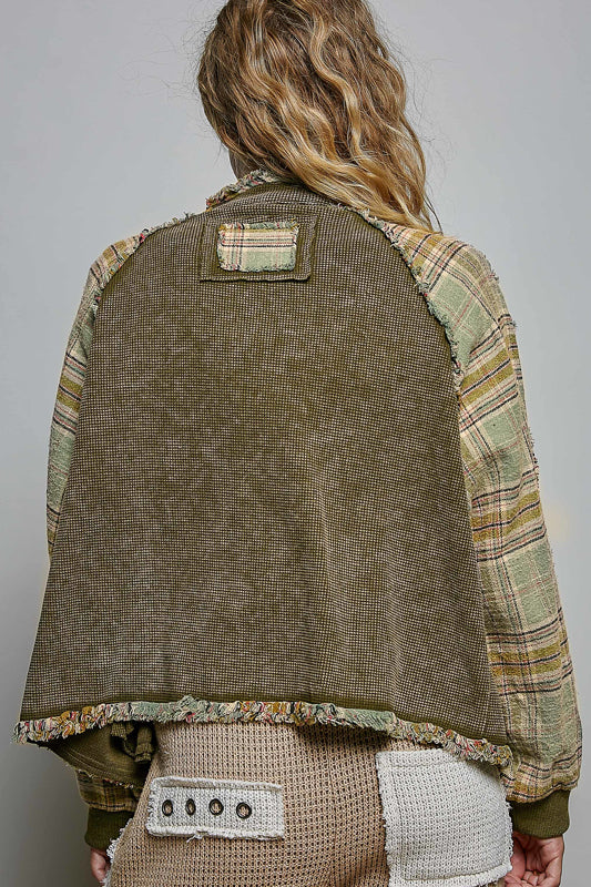 Thermal Plaid Sleeve Frayed Seams Jacket Olive