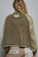 Thermal Plaid Sleeve Frayed Seams Jacket Olive