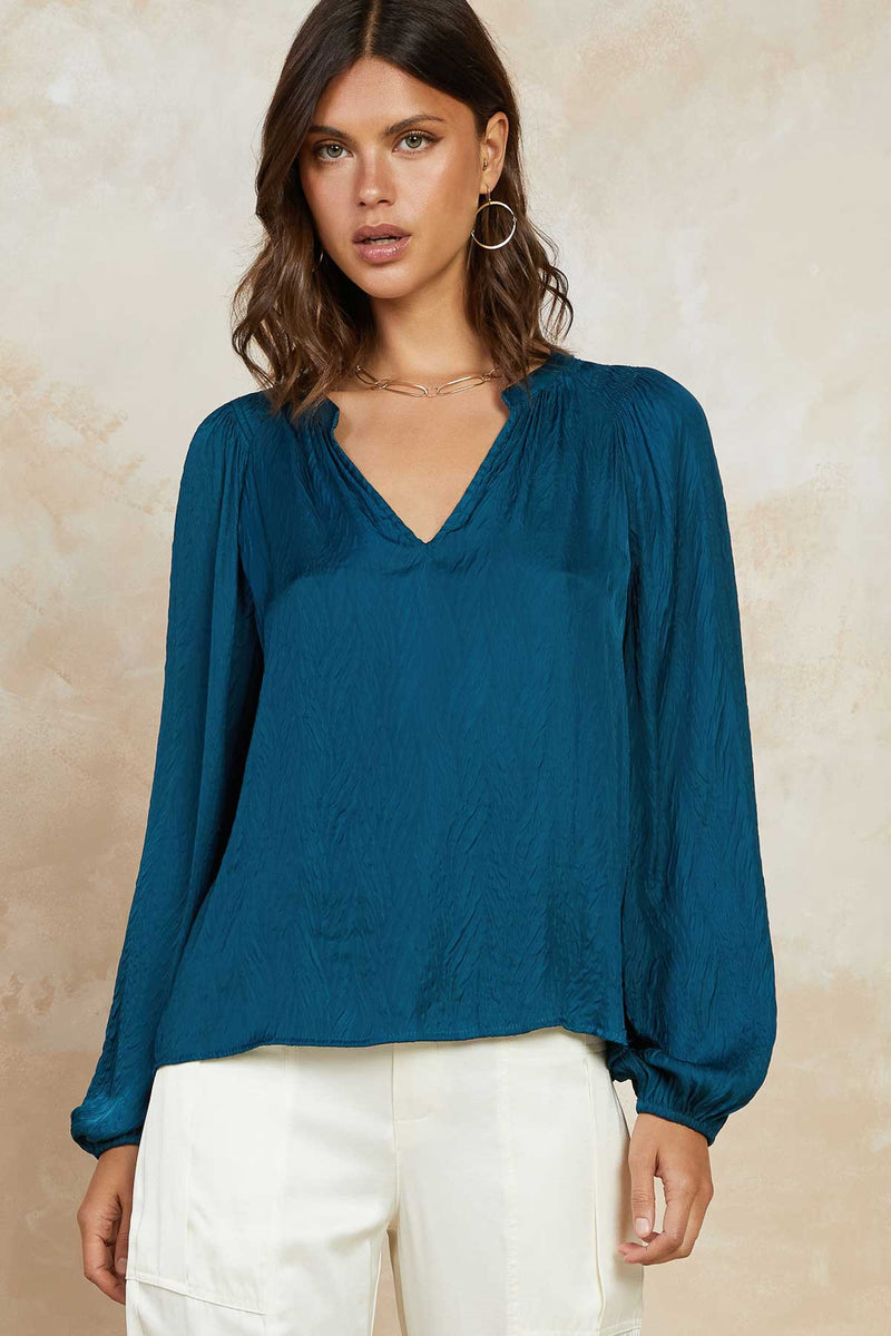 Long Sleeve Split Neck Crinkle Smock Detail Blouse Deep Blue