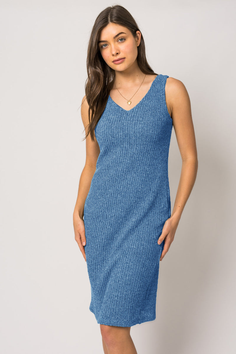 Sleeveless Vneck Knit Textured Midi Dress Denim