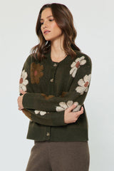 Textured Daisy Floral Buttoned Cardigan Khaki