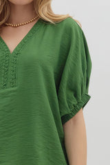 Braided Detail Woven Dolman Top Fern