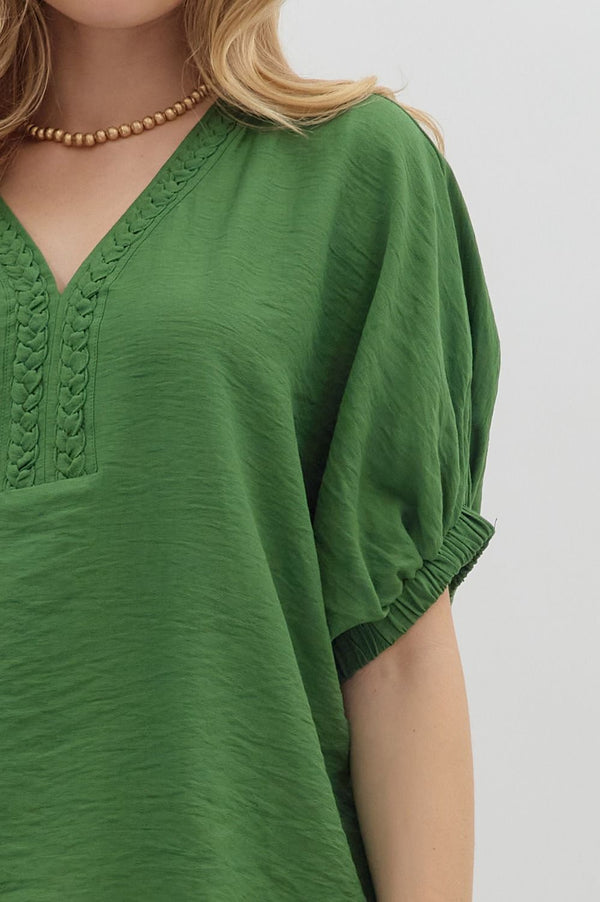 Braided Detail Woven Dolman Top Fern