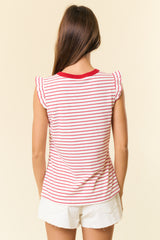 Sleeveless Ruffle Star Emb. Stripe Top Off White + Red