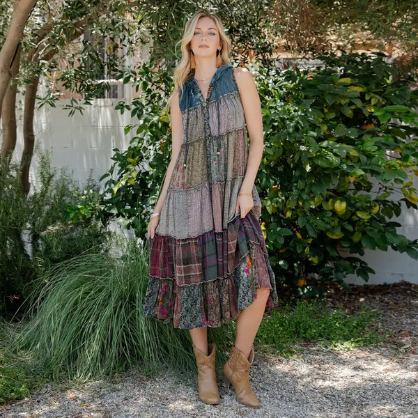 Patchwork Boho Sleeveless Hoodie Dress Gravel