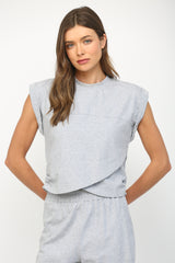 Overlap Hemline Detail Cuffed Cap Sleeve Top Heather Grey