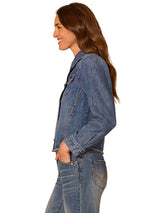 Fray Hem Puff Sleeve Denim Jacket Mid Blue