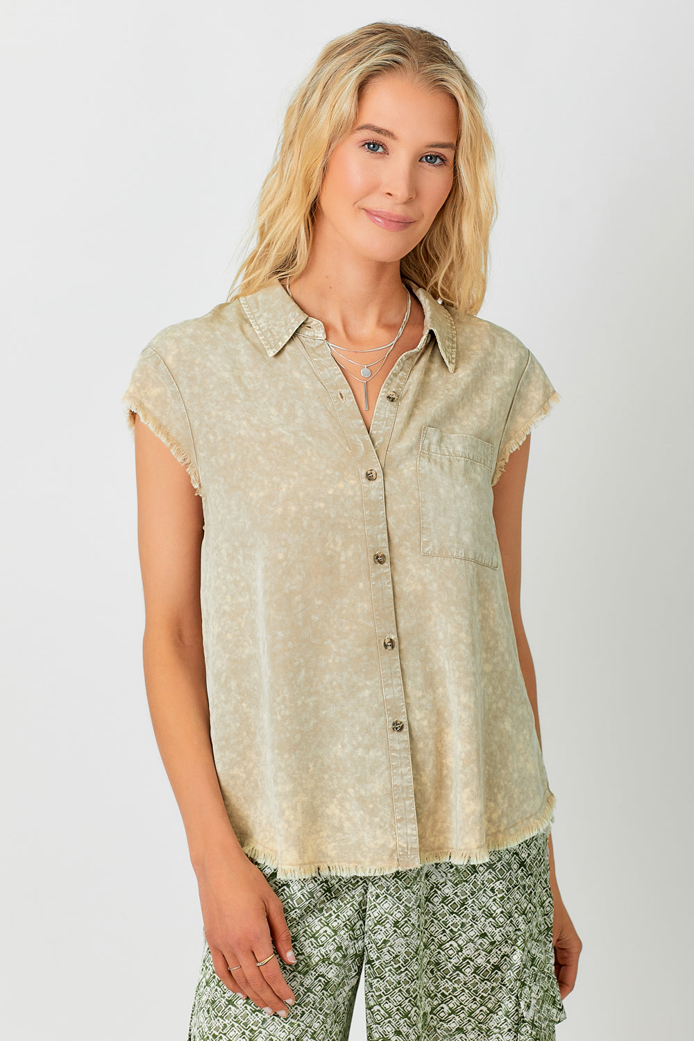 Frayed Cap Sleeve Washed Button Down Shirt Sand