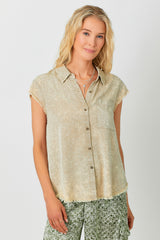 Frayed Cap Sleeve Washed Button Down Shirt Sand