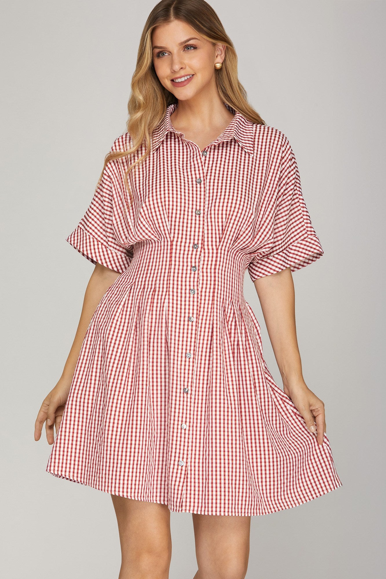 Gingham Smock Back Pintuck Waist Mini Dress Red