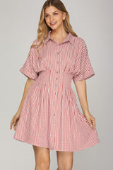 Gingham Smock Back Pintuck Waist Mini Dress Red