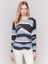 Wavy Print Reversible Dist. Hem Plush Sweater Denim