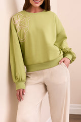 Bubble Sleeve Embroidered Flowers Sweatshirt Wasabi