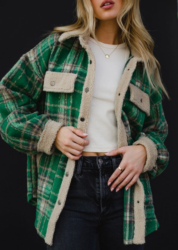 Sherpa Details Plaid Jacket Green, Tan + Gray