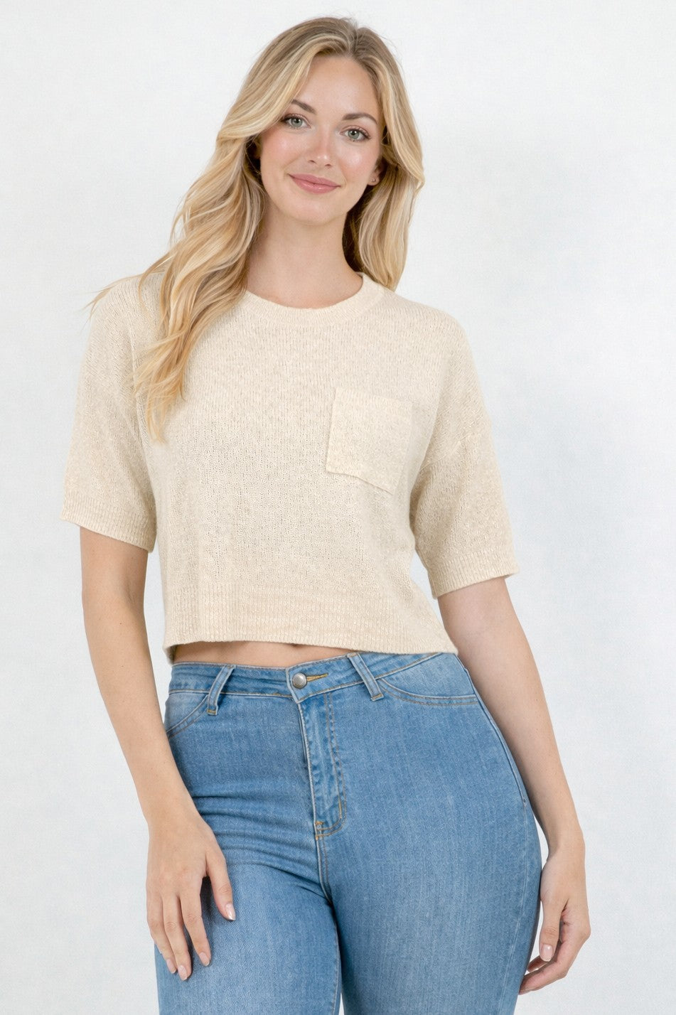 Chest Pocket Short Sleeve Sweater Top Heather Oatmeal