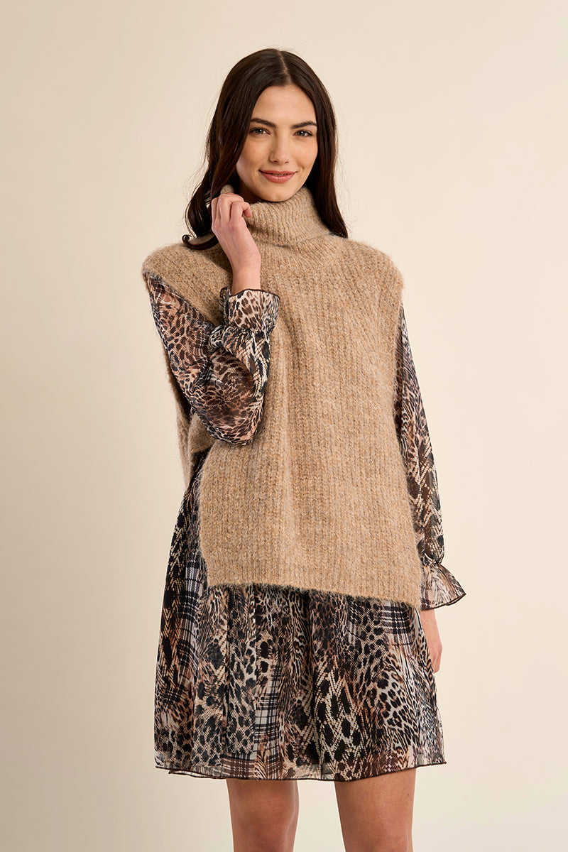 Sleeveless Popover Turtleneck Sweater Beige