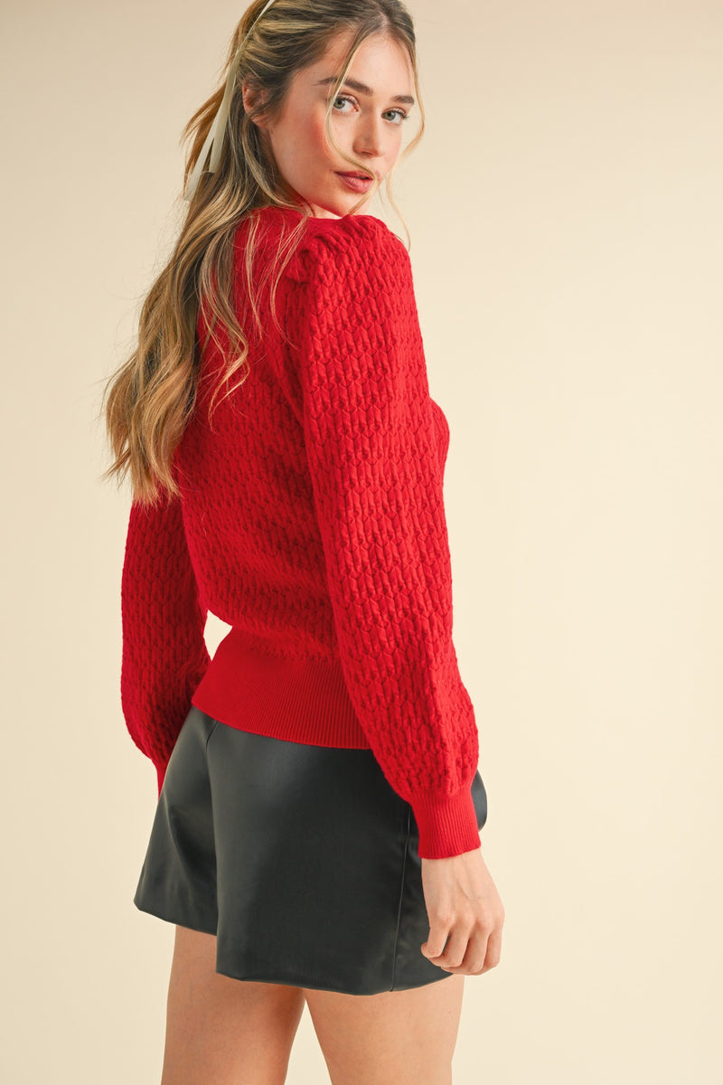 Puff Sleeve Scalloped Pointelle Sweater Red